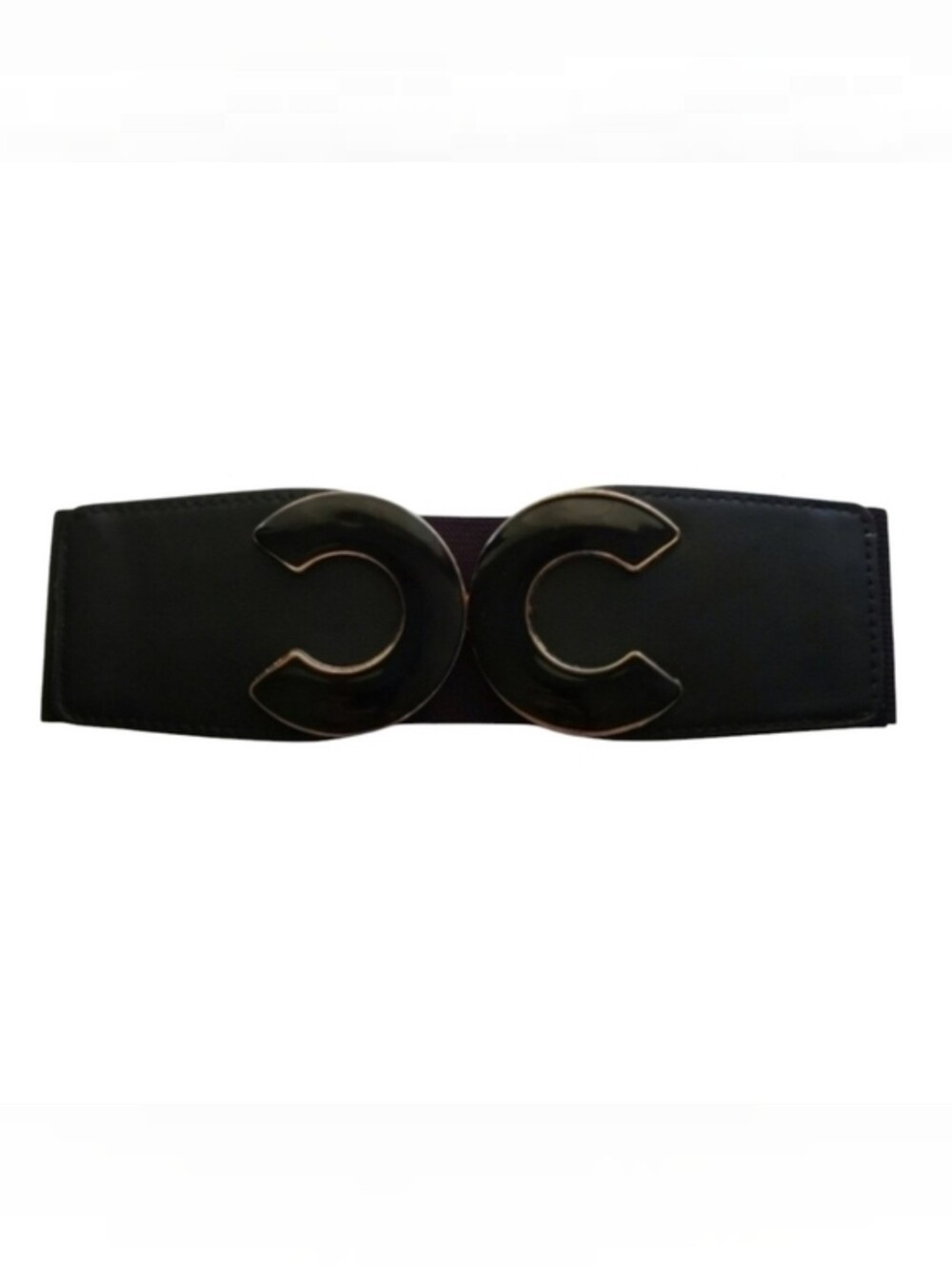 Wide Black Elastic Belt with Enamel Buckle Featuring Open Circles